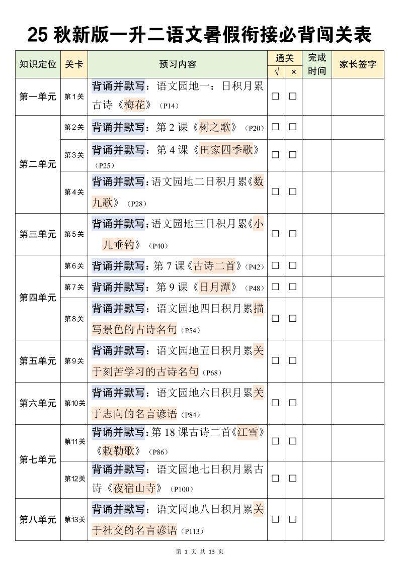 二上语文暑假衔接必背闯关表-新时光资源网