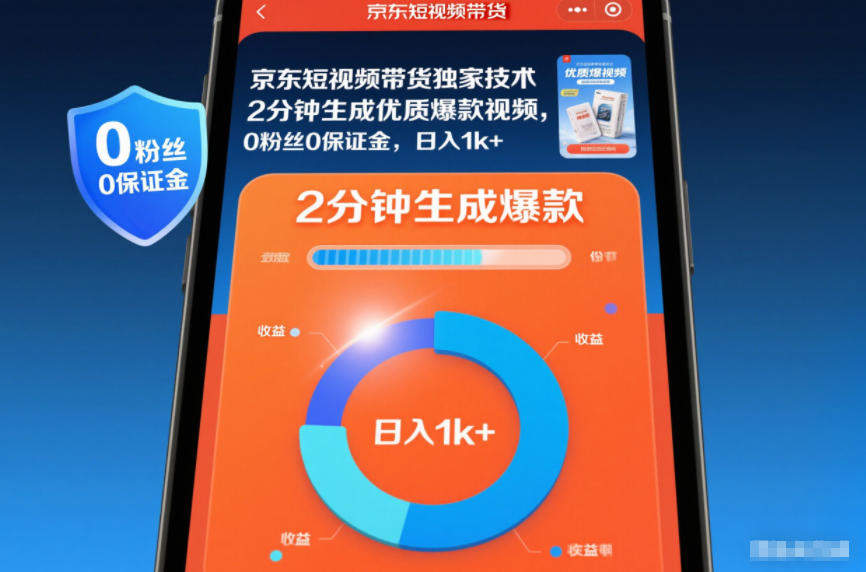 京东短视频带货独家技术，2分钟生成一条优质爆款视频，0粉丝0保证金，日入1k+【揭秘】-新时光资源网
