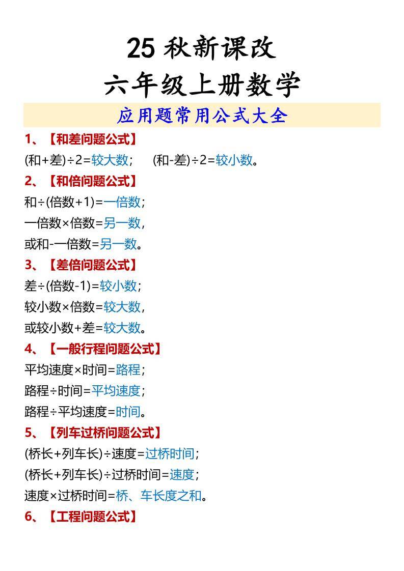 【2025秋新版】六年级上册数学应用题常用公式大全-新时光资源网