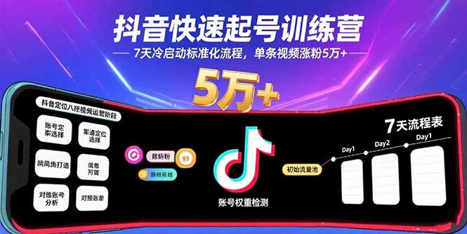 抖音快速起号训练营，7天冷启动标准化流程，单条视频涨粉5万+-新时光资源网