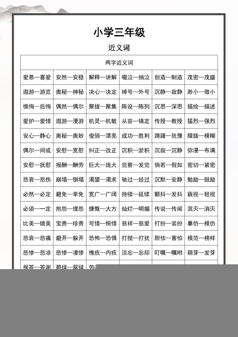 三上语文近义词和反义词汇总-新时光资源网