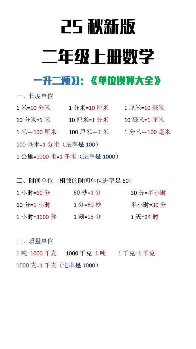 【2025秋新版】二年级上册数学单位换算大全-新时光资源网
