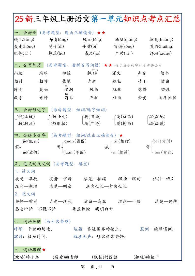 25新三上语文1-8单元知识点考点汇总（24页）-新时光资源网