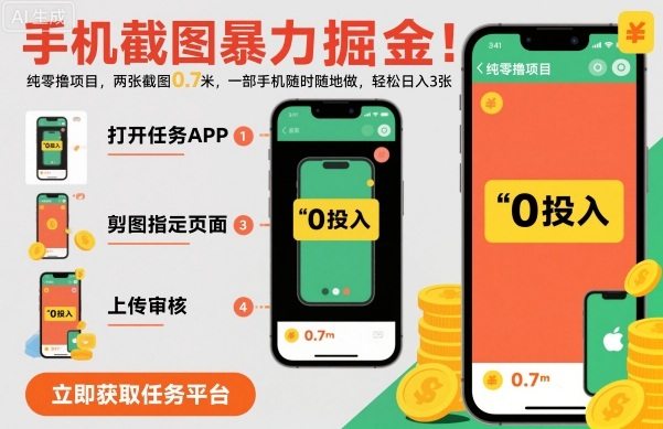 手机截图暴力掘金，两张截图0.7米，一部手机就能做，轻松日入3张【揭秘】-新时光资源网