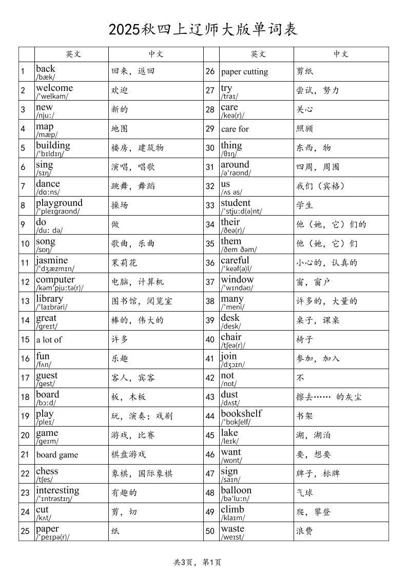 2025秋四上英语辽师大版单词表-新时光资源网