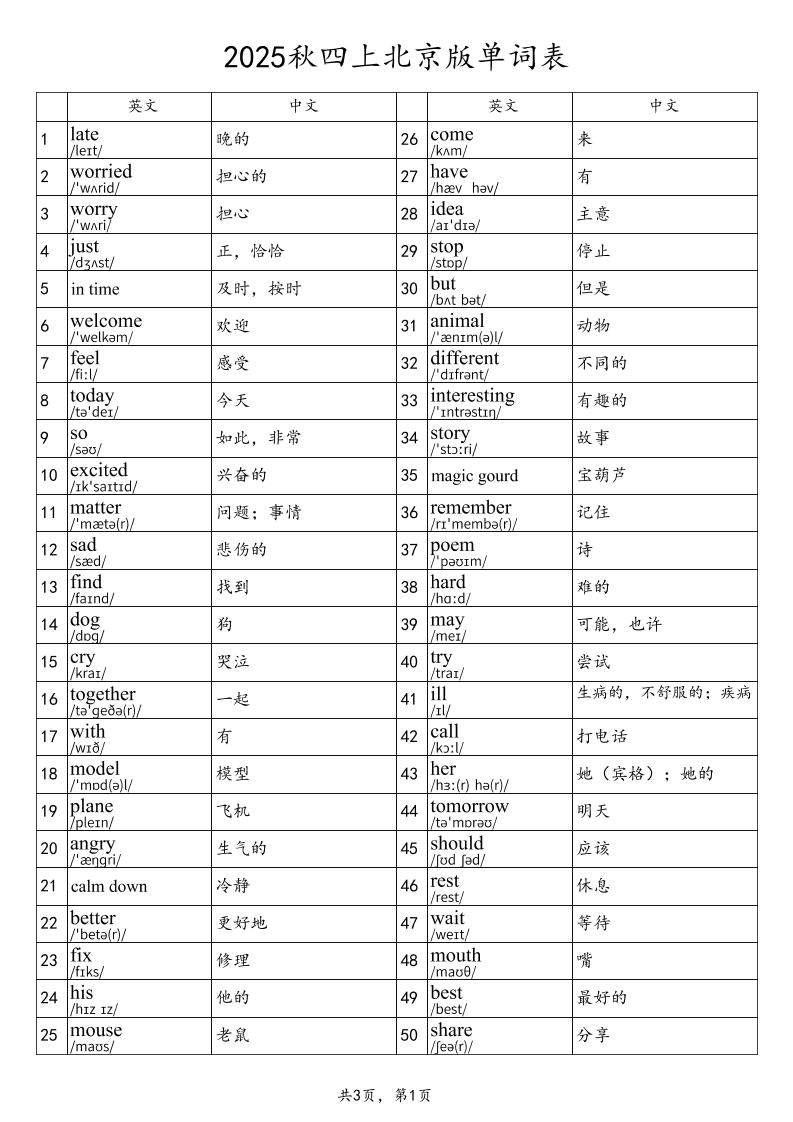 2025秋四上英语北京版单词表-新时光资源网