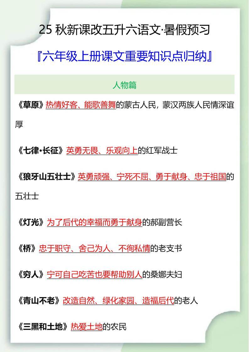 【2025秋新版】六年级语文上册课文重要知识点归纳-新时光资源网