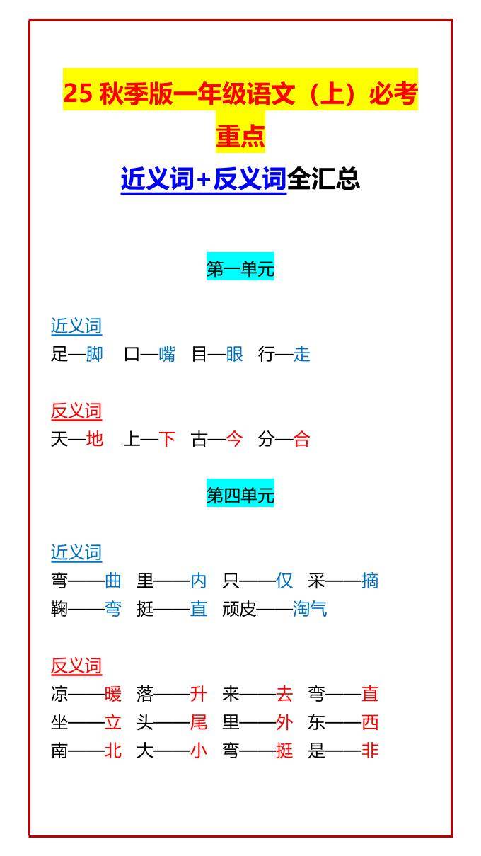 【2025秋新版】一年级语文上必考重点近义词+反义词全汇总-新时光资源网