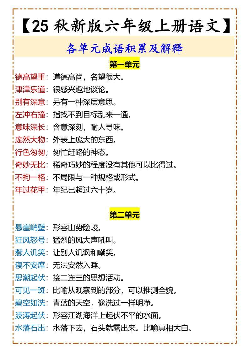 【2025秋新版】【六年级上册语文】各单元成语积累及解释-新时光资源网