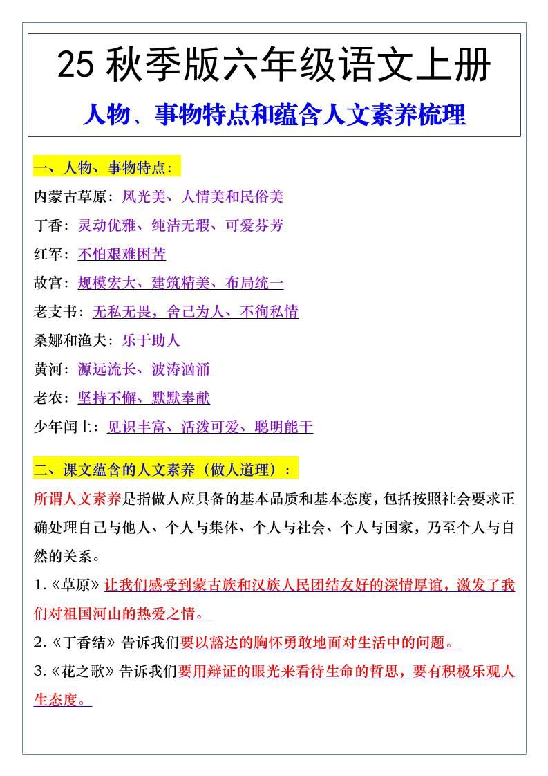 【2025秋新版】六年级语文上册人物、事物特点和蕴含人文素养梳理-新时光资源网