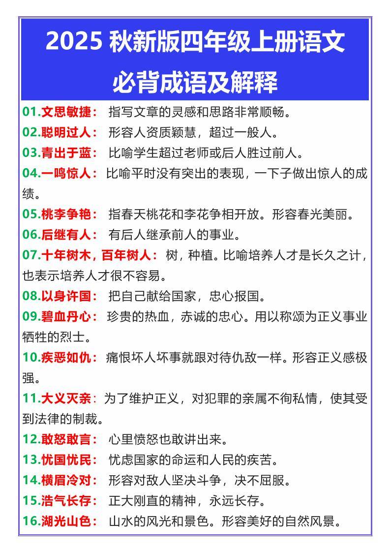 【2025秋新版】四年级上册语文必背成语及解释-新时光资源网