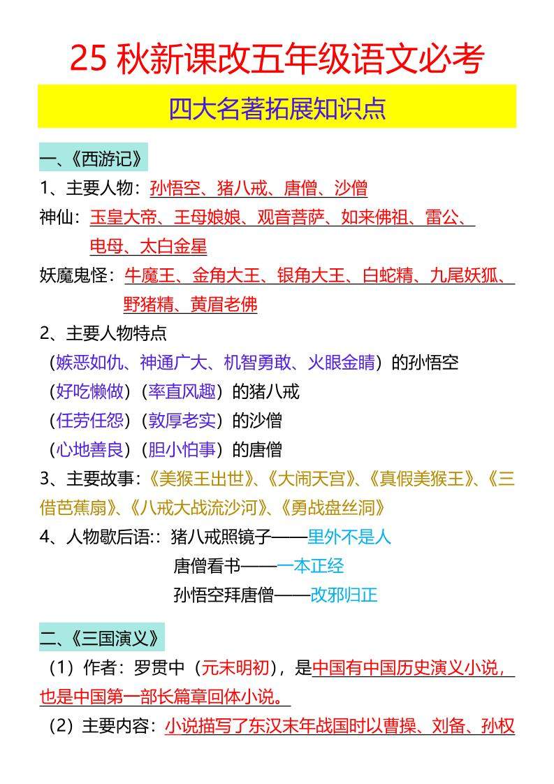 【2025秋新版】五年级语文必考四大名著拓展知识点-五上语文-新时光资源网