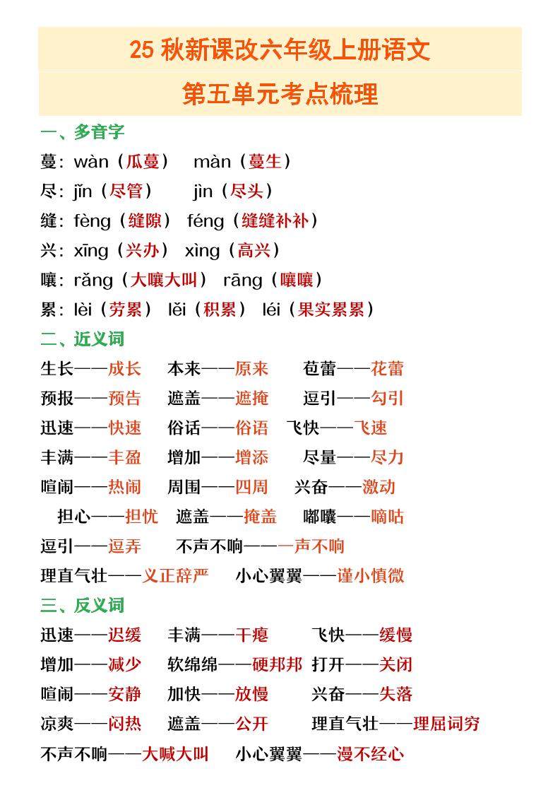 【2025秋新版】六年级上册语文第五单元重点考点梳理-新时光资源网