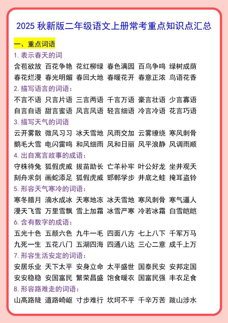 【2025秋新版】二年级语文上册常考重点知识点汇总-新时光资源网