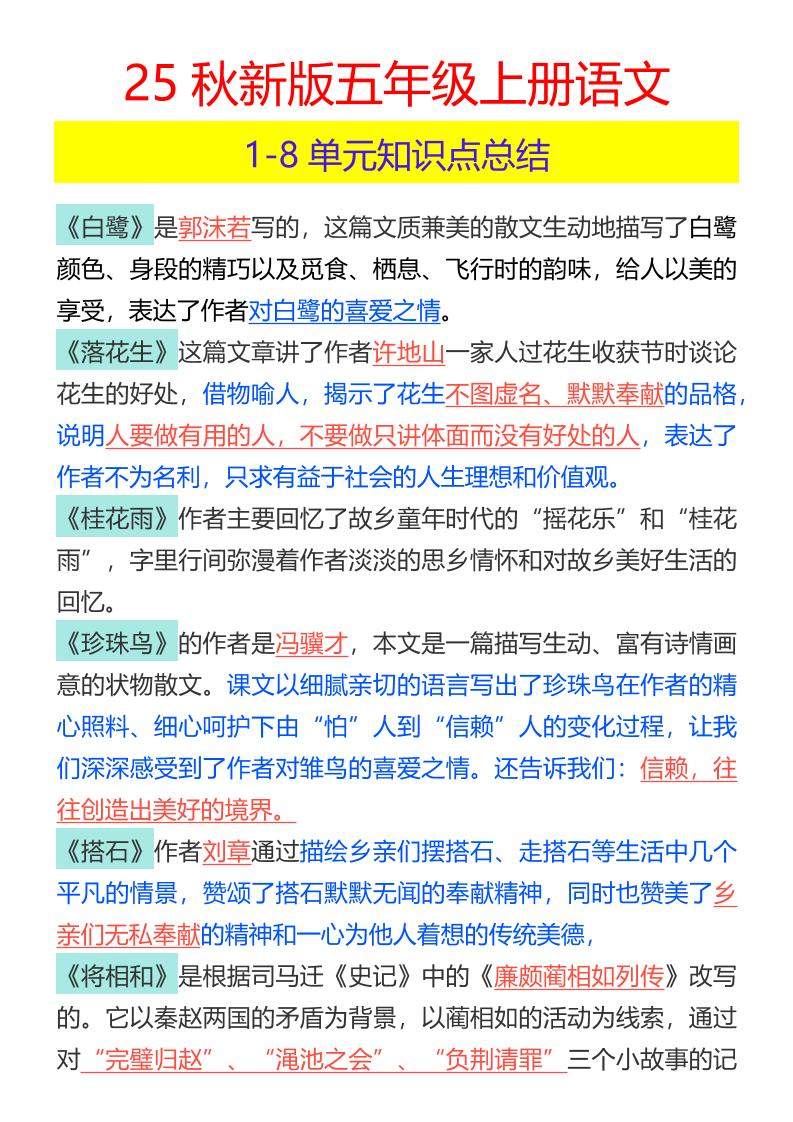 【2025秋新版】五年级上册语文1-8单元知识点总结-新时光资源网