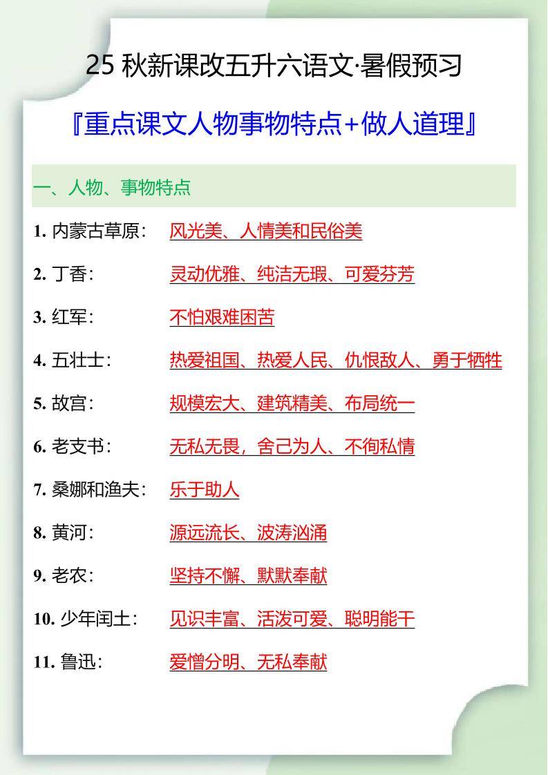 【2025秋新版】五升六重点课文人物事物特点+做人道理-六上语文-新时光资源网