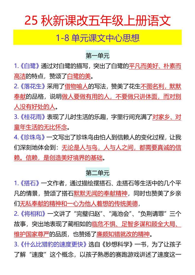 【2025秋新版】五年级上册语文1-8单元课文中心思想-新时光资源网