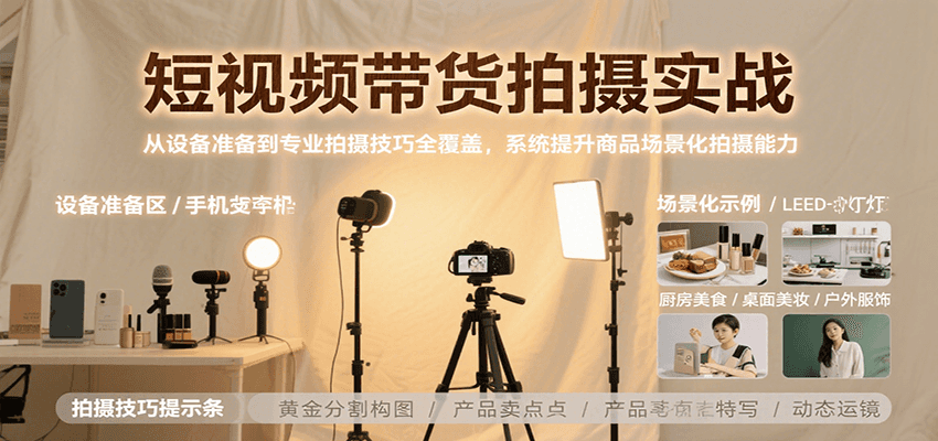 短视频带货拍摄实战，从设备准备到专业拍摄技巧全覆盖，系统提升商品场景化拍摄能力-新时光资源网