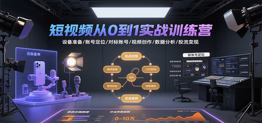 短视频从0到1实战训练营：设备准备/账号定位/对标账号/视频创作/数据分析/投流变现-新时光资源网