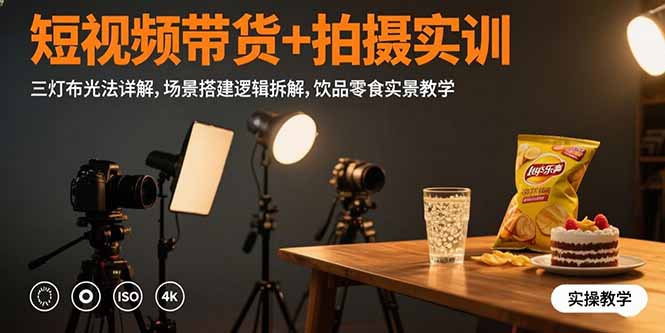短视频带货+拍摄实训：三灯布光法详解,场景搭建逻辑拆解,饮品零食实景教学-新时光资源网