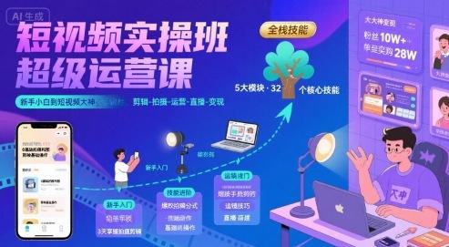 短视频实操班超级运营课，新手小白到短视频大神必修课程，剪辑-拍摄-运营-直播-变现-新时光资源网