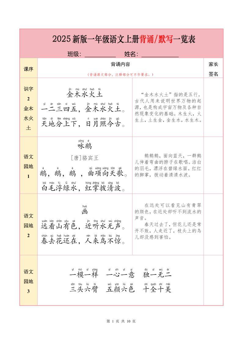 一上语文【25秋-必背内容+默写表】-新时光资源网