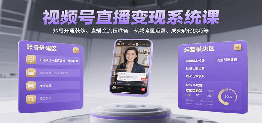 视频号直播变现系统课，账号开通装修、直播全流程准备、私域流量运营、成交转化技巧等-新时光资源网
