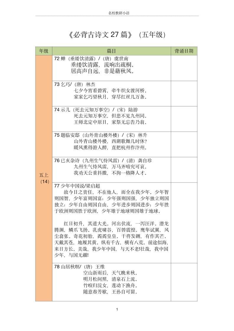 五年级古诗文背诵记录表-五上语文-新时光资源网