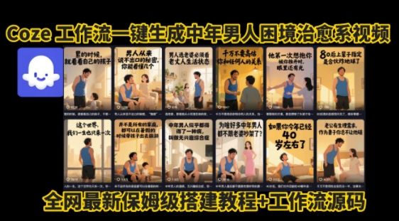 coze工作流一键生成”中年男人困境扎心高涨粉高播放量图文视频”保姆级拆解教程，无需剪辑，无需拍摄写文案-新时光资源网