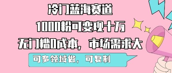 冷门蓝海赛道，1000粉可变现十W，无门槛0成本，市场需求大，可多领域做，可复制性强-新时光资源网