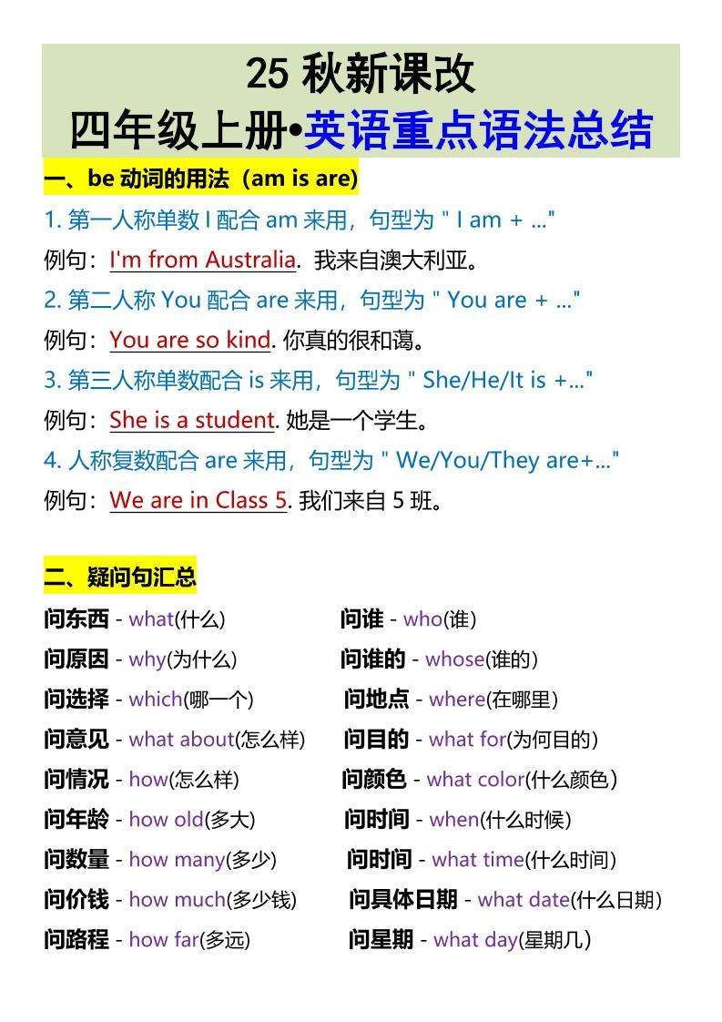 【2025秋新版】四年级上册•英语重点语法总结-新时光资源网