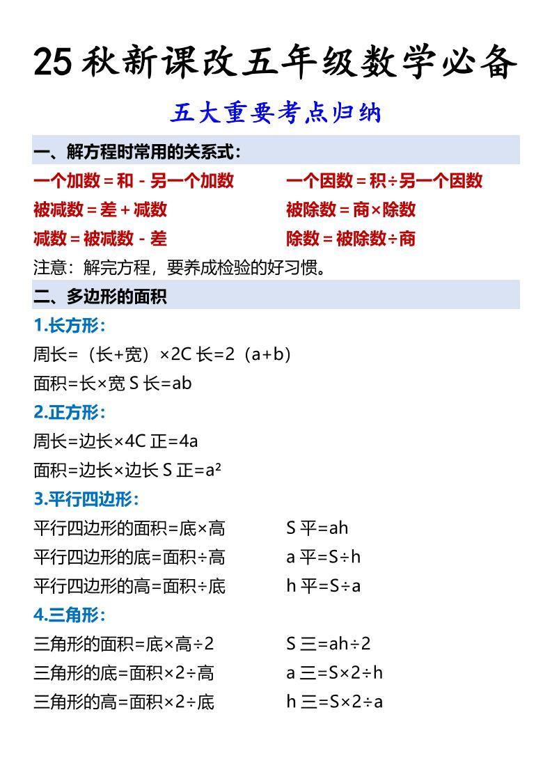 【2025秋新版】五年级数学必备五大重要考点归纳-五上数学-新时光资源网