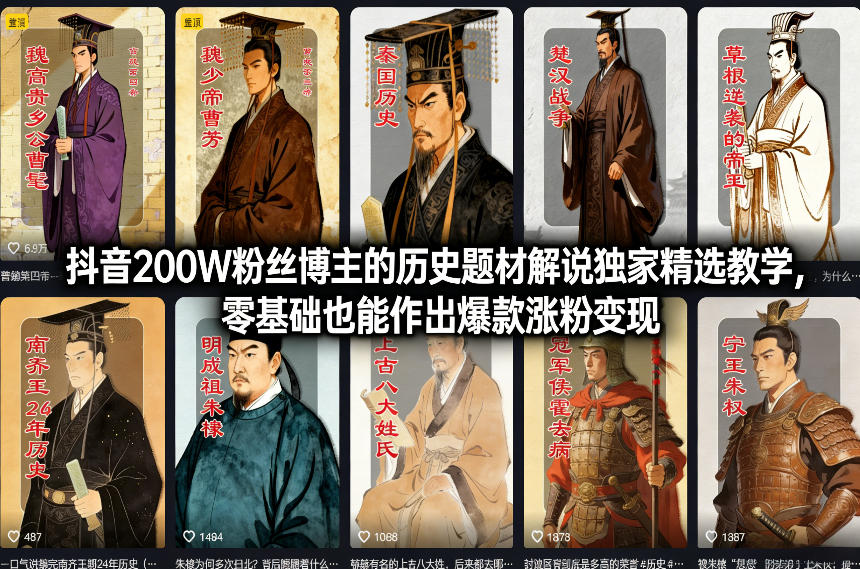 抖音200W粉丝博主的历史题材解说独家精选教学，零基础也能作出爆款涨粉变现-新时光资源网