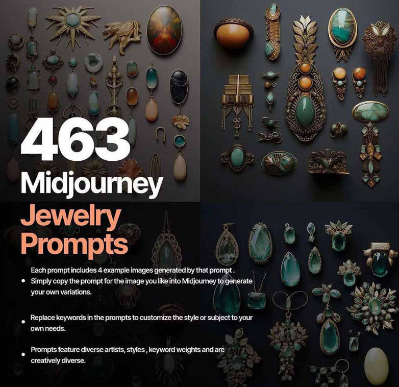 460+专业Midjourney珠宝摄影AI提示词戒指,项链-耳环-手链-宝石等,立即开始创作珠宝艺术