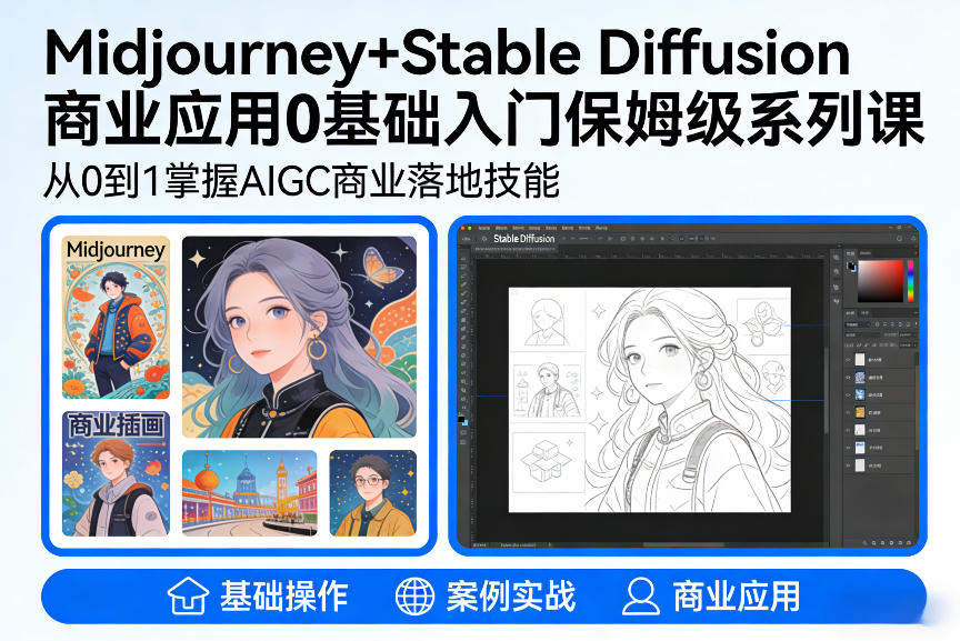 AIGC商业应用Midjourney+Stable Diffusion教程，0基础入门保姆级系列课-新时光资源网