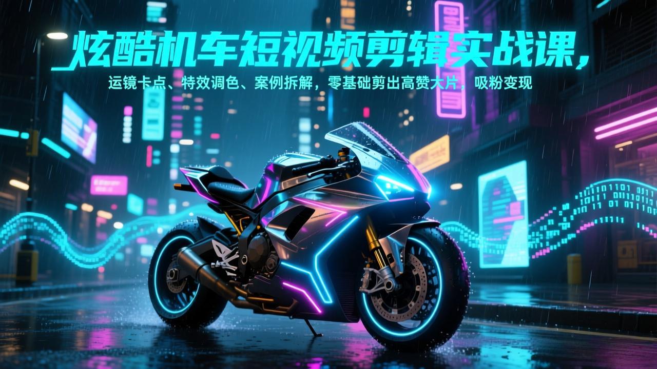 炫酷机车短视频剪辑实战课，运镜卡点、特效调色、案例拆解，零基础剪出高赞大片，吸粉变现-新时光资源网