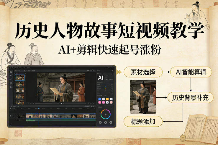 历史人物故事短视频教学，AI+剪辑制作历史人物题材短视频，快速起号涨粉-新时光资源网