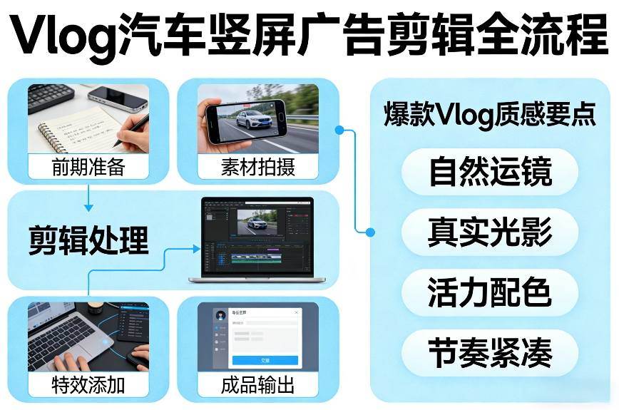 Vlog感觉汽车竖屏广告剪辑脚本全流程，拿捏爆款Vlog质感-新时光资源网