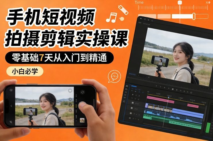 手机短视频拍摄剪辑实操课，零基础7天从入门到精通，小白必学-新时光资源网