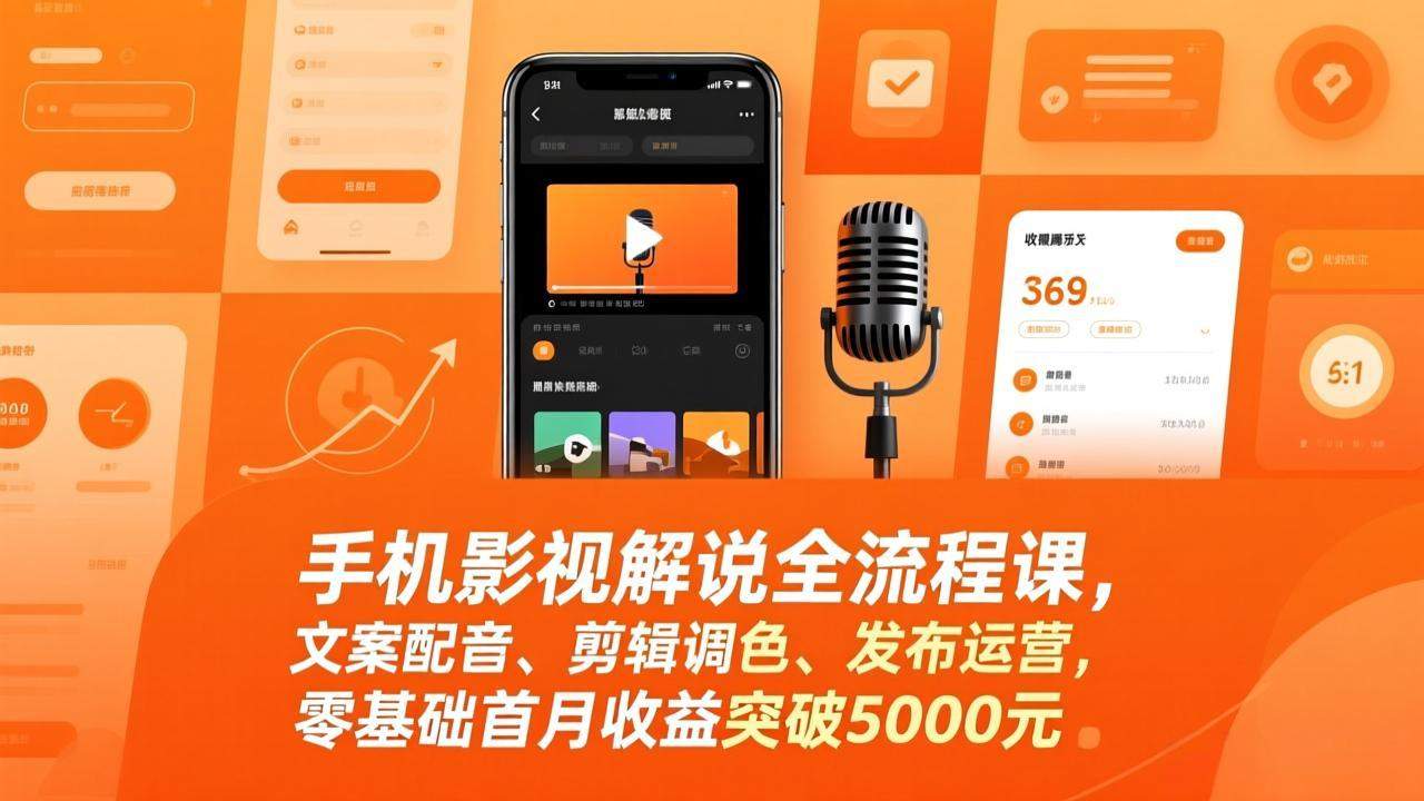 手机影视解说全流程课，文案配音、剪辑调色、发布运营，零基础首月收益突破5000元-新时光资源网