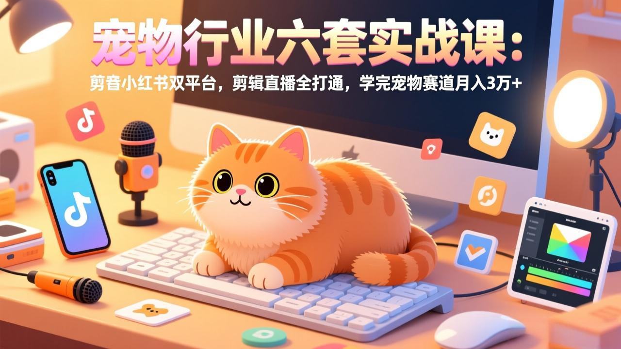 宠物行业六套实战课：抖音小红书双平台，剪辑直播全打通，学完宠物赛道月入3万+-新时光资源网