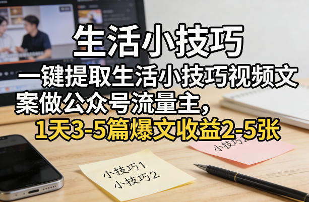 一键提取生活小技巧视频文案做公众号流量主，1天3-5篇爆文收益2-5张-新时光资源网