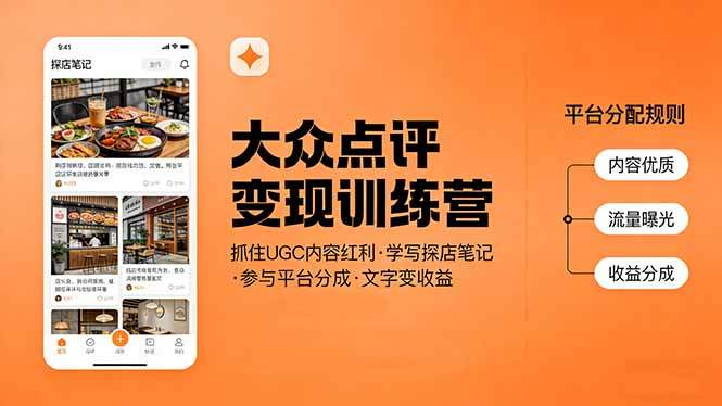 大众点评变现训练营：抓住UGC内容红利，学写探店笔记，参与平台分成，让文字直接变收益-新时光资源网