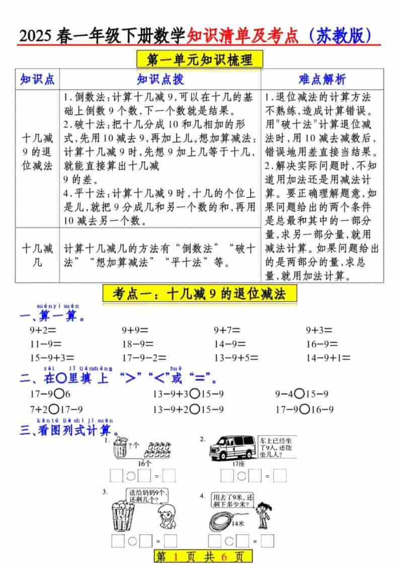 一年级下数学知识清单及考点《苏教版》（衔接版）-新时光资源网