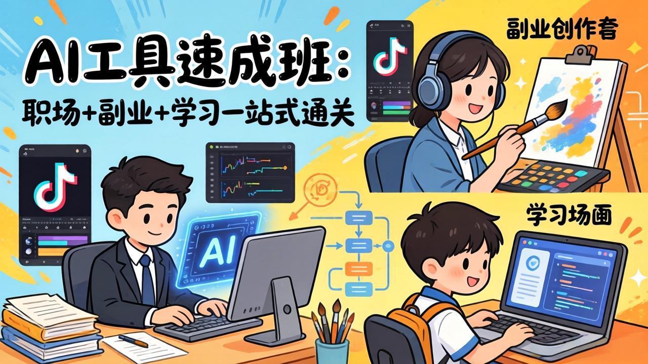 AI工具速成班：职场+副业+学习一站式通关，20+爆款类型+剪映技巧+抖音算法，0基础快速上手-新时光资源网