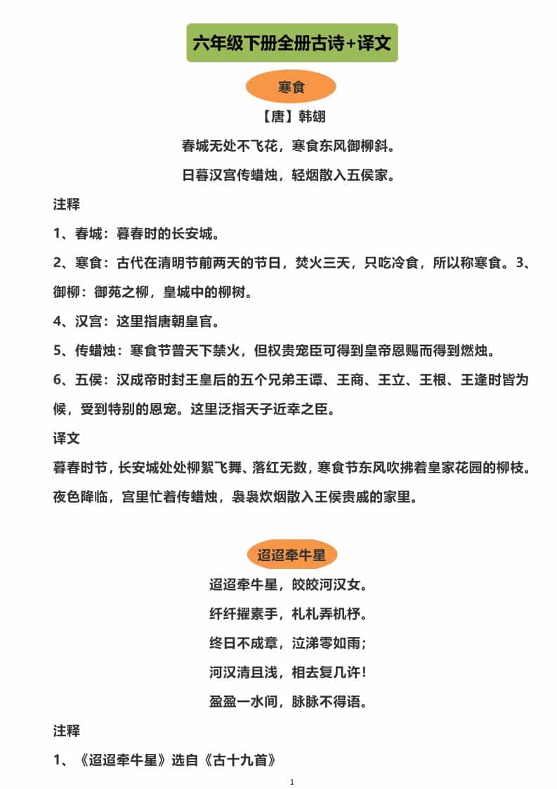 六年级下语文全册古诗+译文-新时光资源网