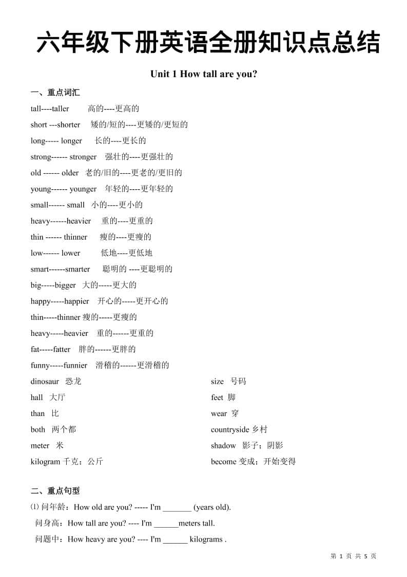 六年级下英语全册知识总结《人教版PEP》-新时光资源网