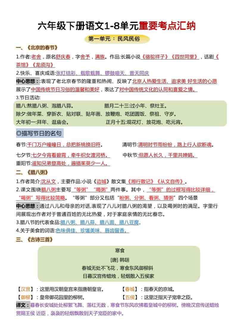 六年级下语文1-8单元重要考点汇总-新时光资源网