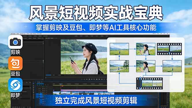 风景短视频实战宝典：掌握剪映及豆包、即梦等AI工具的核心功能，独立完成风景短视频剪辑-新时光资源网