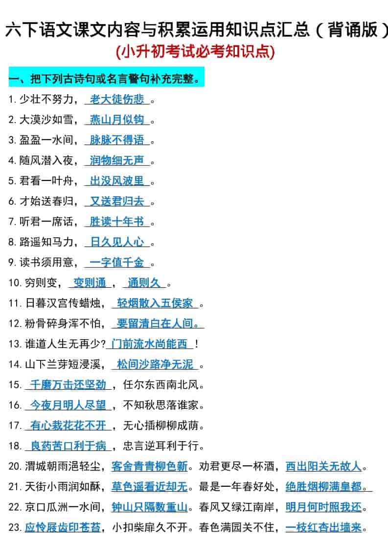 六年级下语文小升初期末必考知识点-新时光资源网